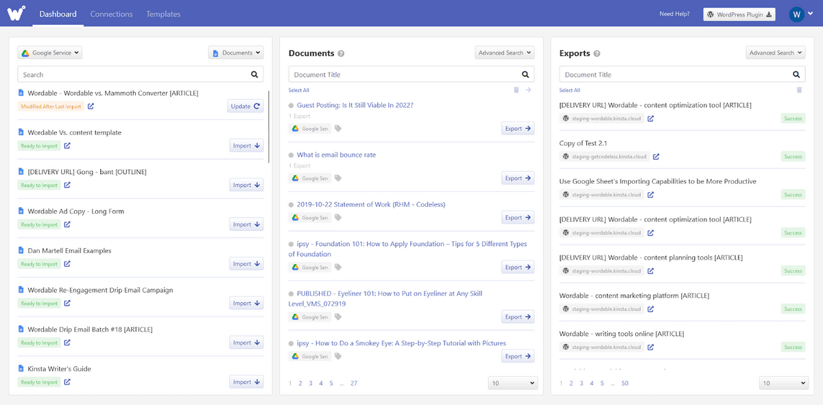 Le tableau de bord Wordable contient tout ce dont vous avez besoin pour effectuer des conversions et suivre vos documents.