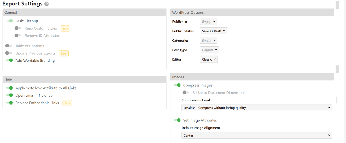 Paramètres d'exportation pour les liens et les images dans Wordable