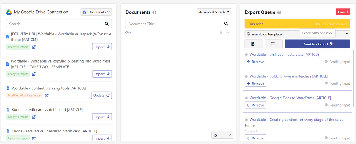 Exportation groupée dans Wordable