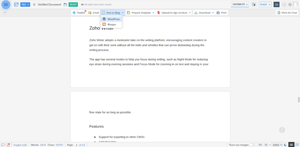 Zoho Writer'da dağıtım menüsü