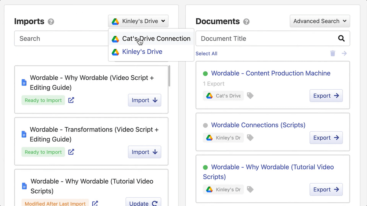 Wordable vous permet d'importer à partir de différents dossiers Google Drive