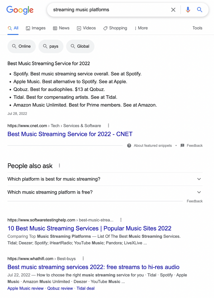 Résultats de recherche Google lors de la recherche de plateformes de musique en streaming