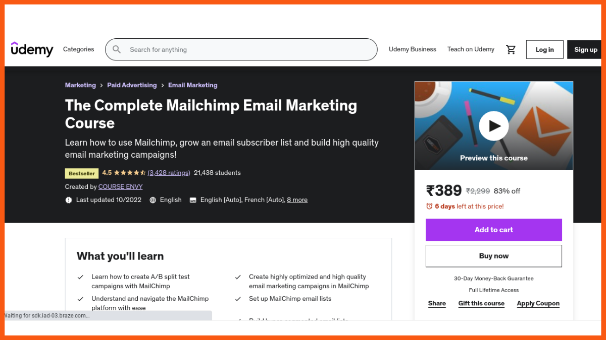 Le cours complet de marketing par e-mail Mailchimp par Udemy