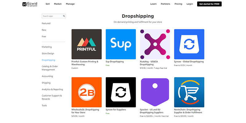 Sezione Dropshipping sull'app store di Ecwid