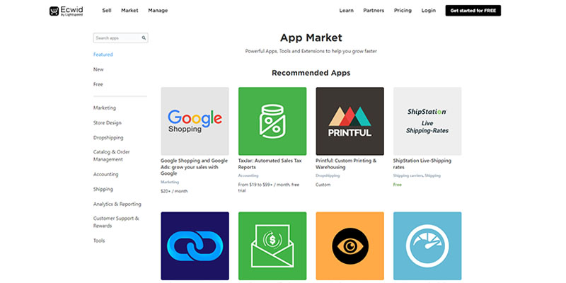 Home page dell'app store di Ecwid