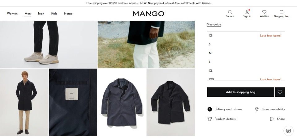 لقطة شاشة لمتجر Mango على الإنترنت تعرض سترة للبيع