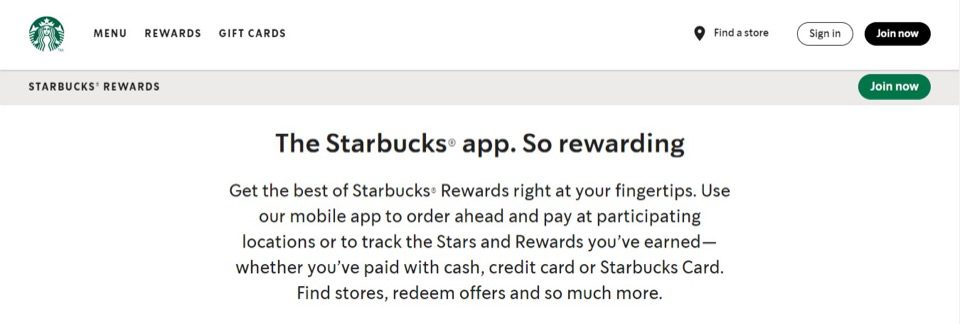 لقطة شاشة لصفحة Starbucks Rewards الرئيسية