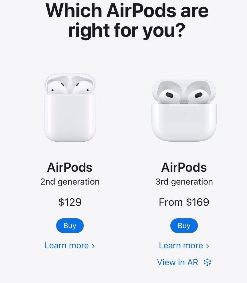 لقطة شاشة لصفحة Apple AirPods تعرض مختلف أنواع AirPods المتاحة