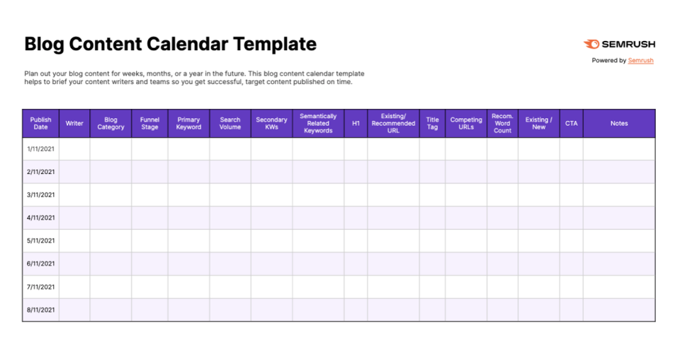 Image d'un modèle de calendrier de contenu de blog