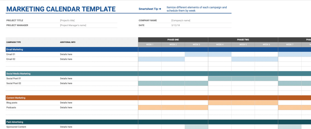 Image d'un exemple de calendrier marketing