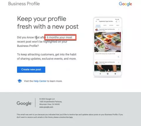 Email di Google Post che descrive i punti salienti di 6 mesi