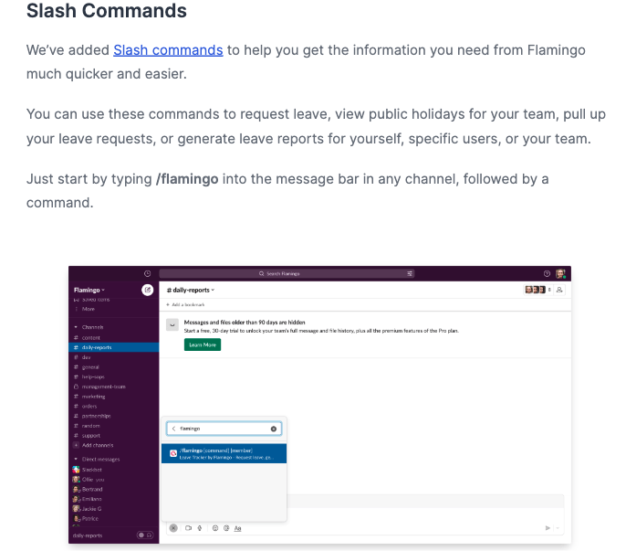 لقطة شاشة لتعليمات تعلم المستخدمين كيفية استخدام أوامر Flamingo المائلة مع Slack