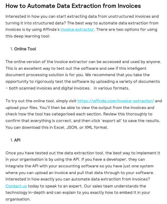 لقطة شاشة لمقال يشرح كيفية أتمتة استخراج البيانات من الفواتير