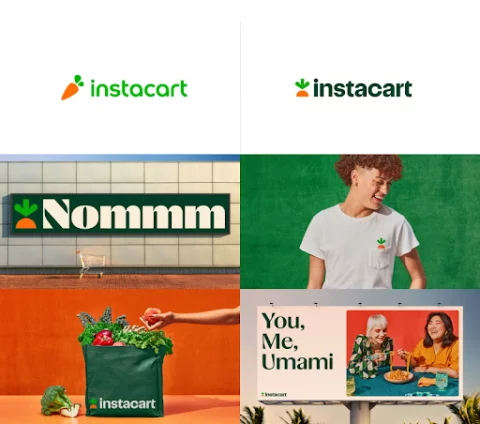 Instacart - 알아볼 수 있는 당근 로고가 있는 단순한 녹색, 주황색 및 흰색 배색