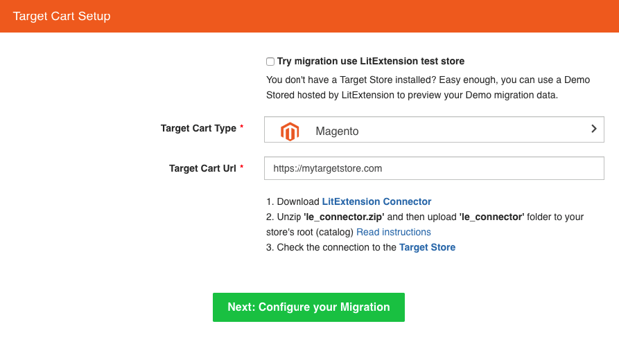 migre o banco de dados opencart para o magento, escolha o Magento como um carrinho de destino, forneça a URL da sua loja, faça o download do Connection Bridge e faça o upload para a pasta raiz da nossa loja Magento.