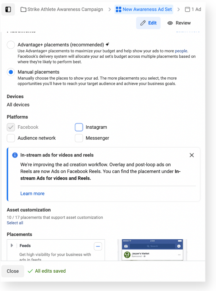 Potenzia i rulli di Facebook: posizionamenti manuali degli annunci