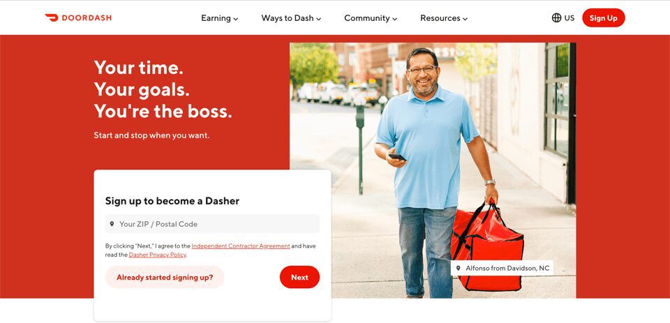 DoorDash ドライバーのランディング ページ