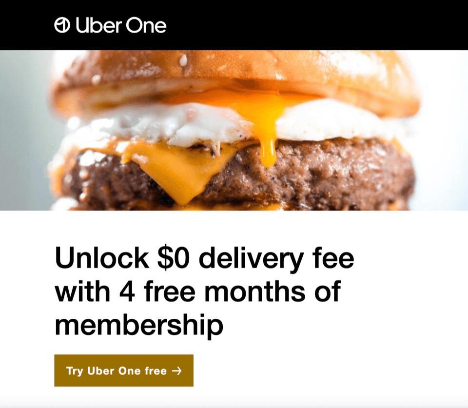 Uber One からのメールで、4 か月間のメンバーシップで配送料が無料になることを宣伝しています