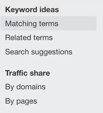 menu des termes correspondants dans Ahrefs