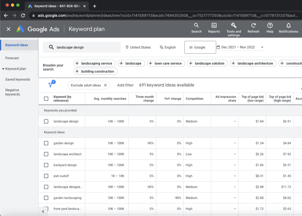 لقطة شاشة لنتائج أفكار الكلمات الرئيسية الجديدة على Google Keyword Planner باستخدام مصطلح البحث "تصميم أفقي"