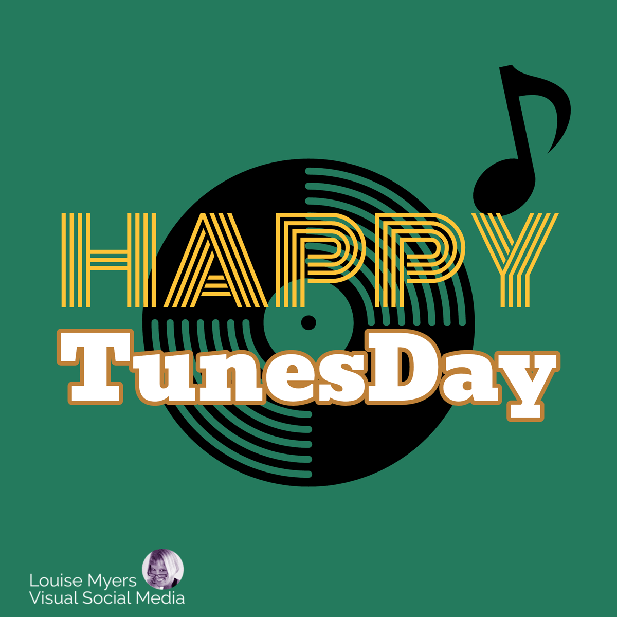 رسم سجل LP على خلفية خضراء له كتابة رجعية تقول Happy TunesDay!