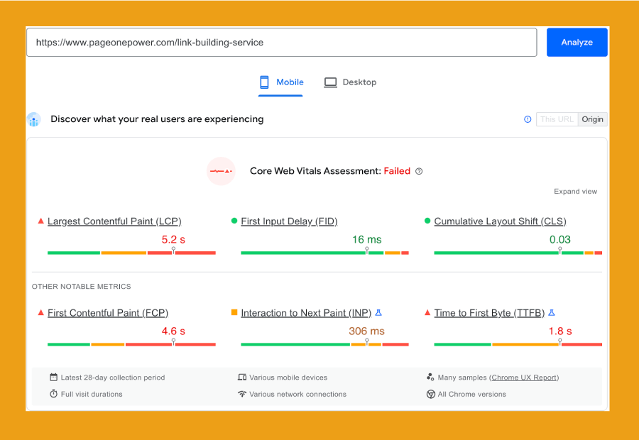 Resultados de la prueba de información de Pagespeeds