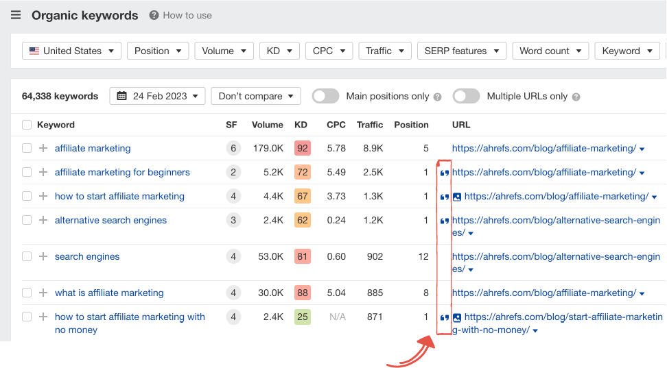 capture d'écran montrant des guillemets qui indiquent l'extrait de code et la position zéro dans Ahrefs