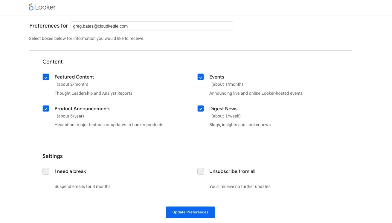 Content Mapping: Looker Preference Center