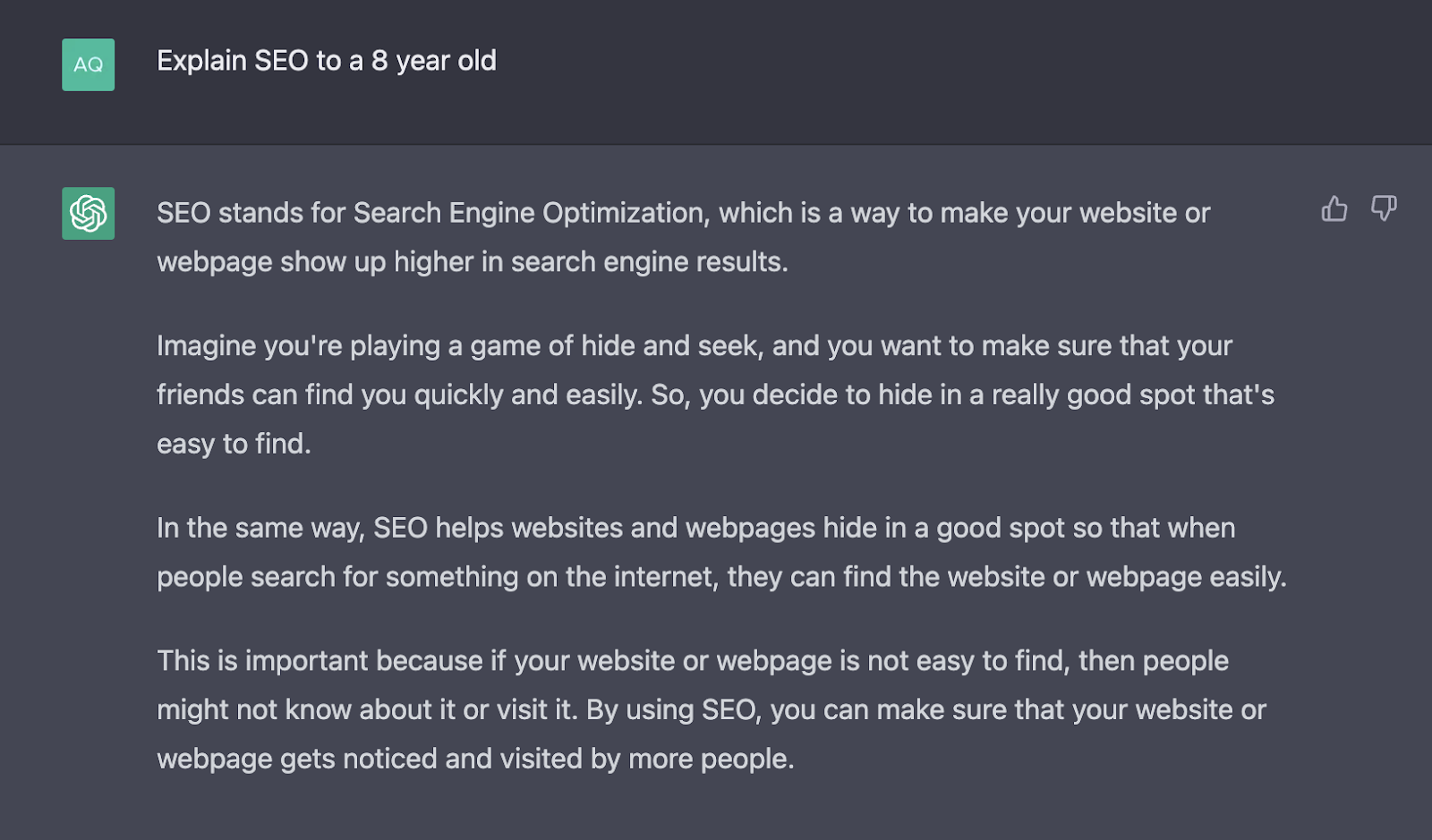 رد Chat GPT لشرح تحسين محركات البحث لشخص يبلغ من العمر 8 سنوات
