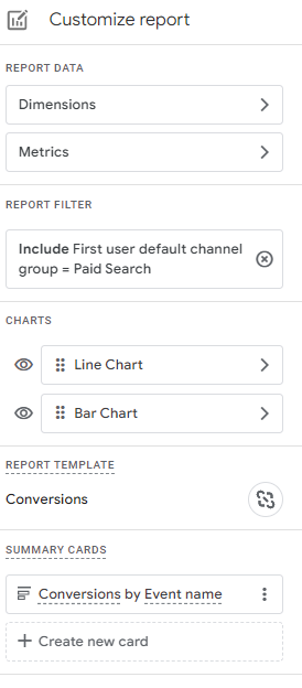 Seitenleiste des benutzerdefinierten Google Analytics 4-Berichts