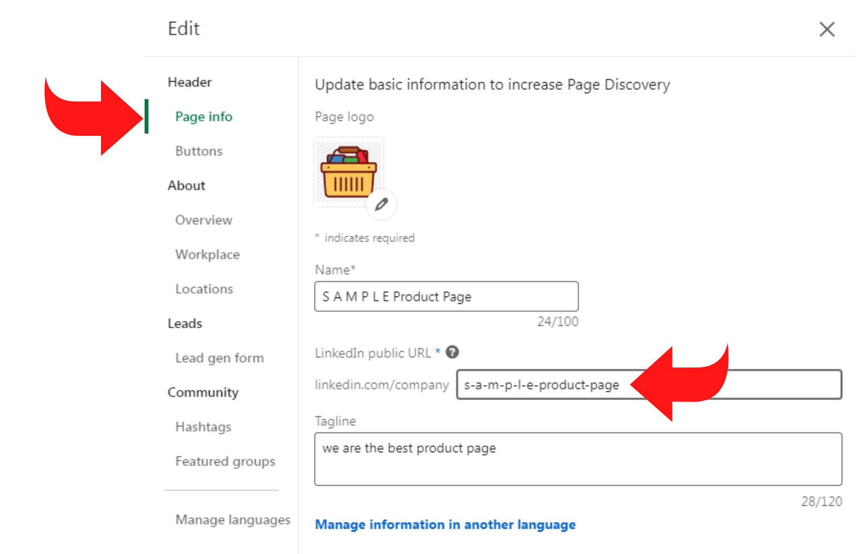 modifica l'URL della pagina dell'azienda