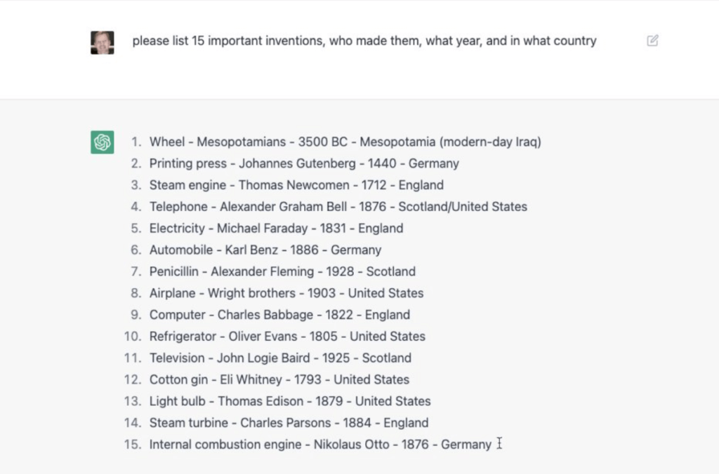 Screenshot di ChatGPT che risponde a una domanda su invenzioni importanti.