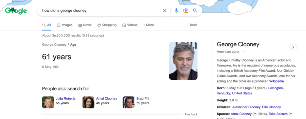 Screenshot della risposta di Google alla domanda "Quanti anni ha George Clooney?".