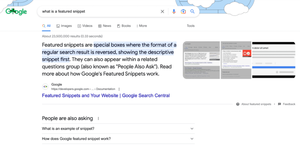 Screenshot della risposta di Google alla domanda "che cos'è uno snippet di funzionalità?".