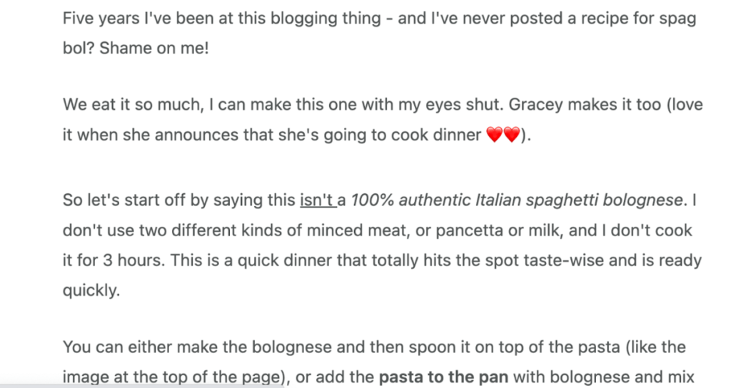 Screenshot del retroscena di un food blogger sugli spaghetti alla bolognese.