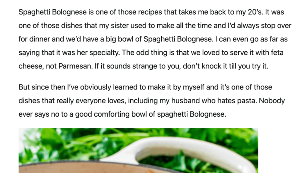 Screenshot del post di un food blogger sugli spaghetti alla bolognese.