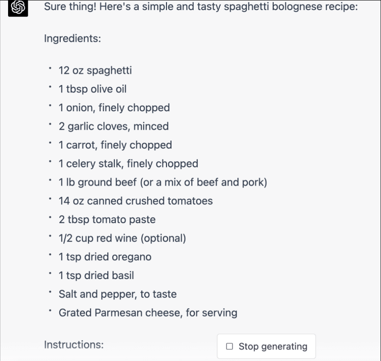 Screenshot della risposta di ChatGPT a una domanda che richiede una ricetta per gli spaghetti alla bolognese.