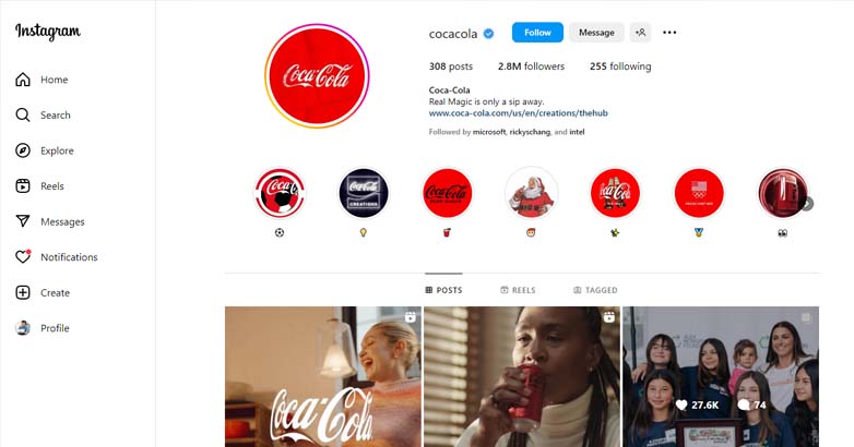 Profilul oficial al Coca Cola pe Instagram