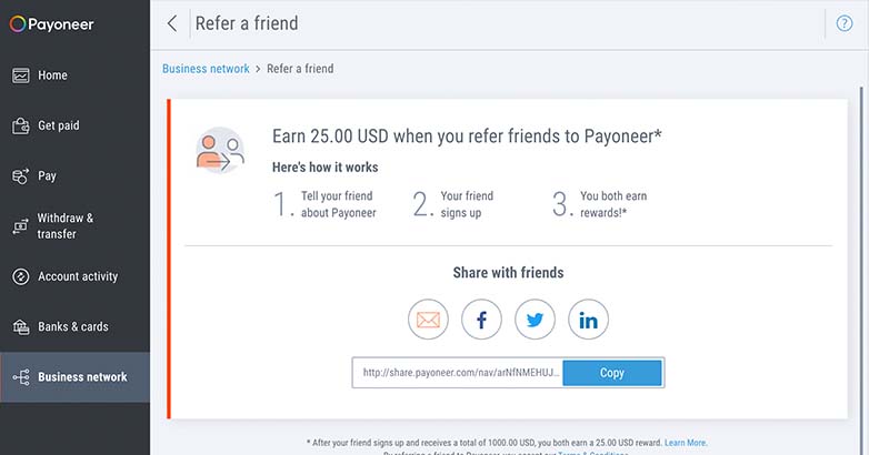 Link de recomandare Payoneer ca exemplu de Program de recomandare.