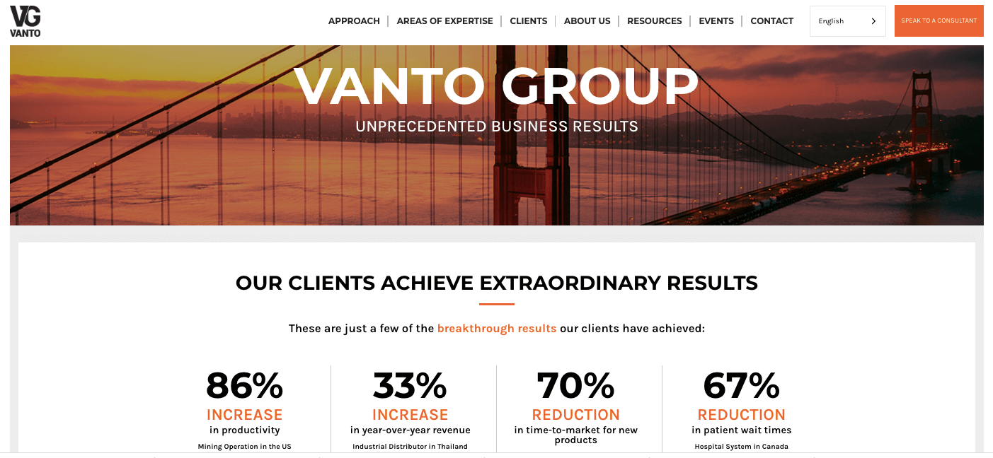 この Vanto Group のホームページのスクリーンショットのように、Web サイトの要素をより際立たせるための微妙な境界線は、ミニマリズムと組み合わせて強力な Web サイト デザイン エクスペリエンスを提供する優れた方法です。