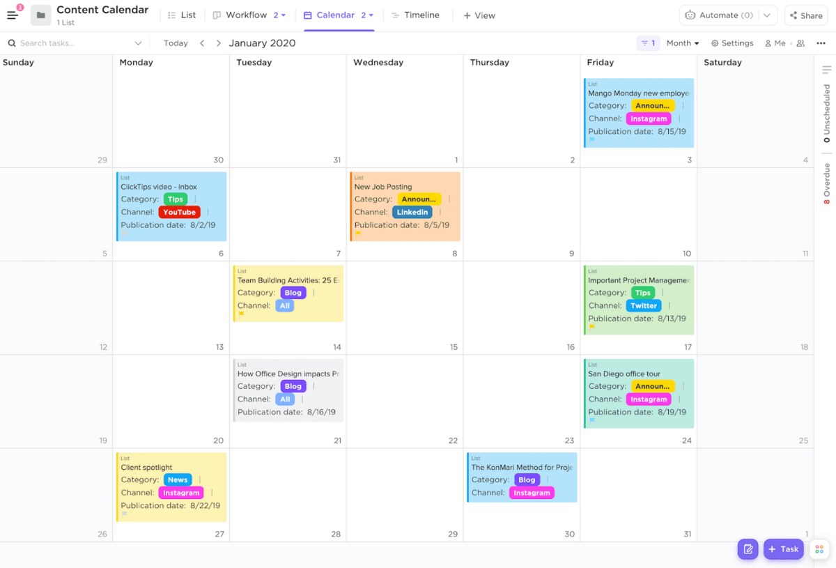 Modelo de calendário de conteúdo por ClickUp