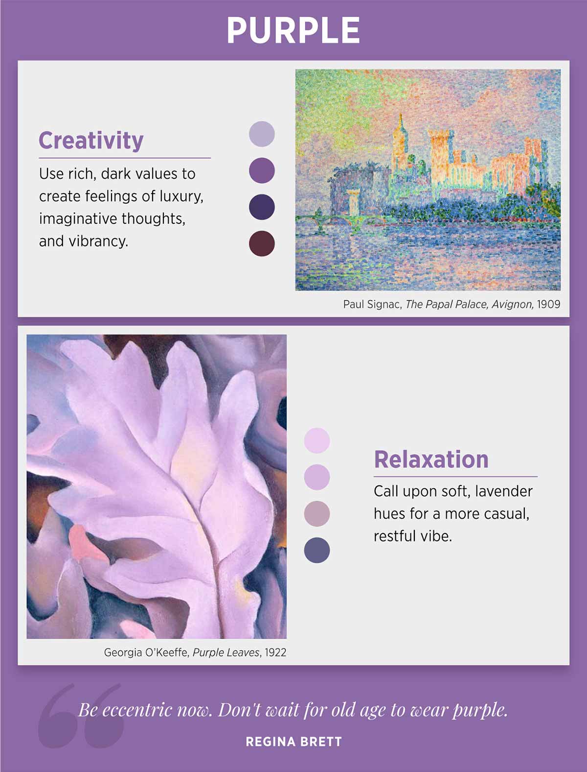 l'infografica mostra come i sentimenti di creatività o relax siano creati dal colore viola nell'arte.