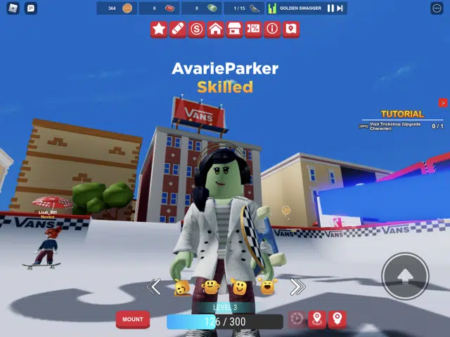 Vans World エクスペリエンスでの私の Roblox アバター、手にスケートボード。