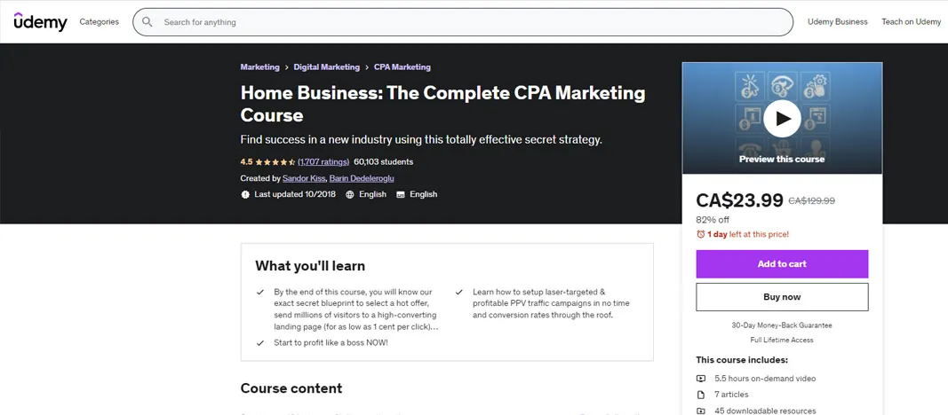 Скриншот курса Udemy CPA-маркетинга