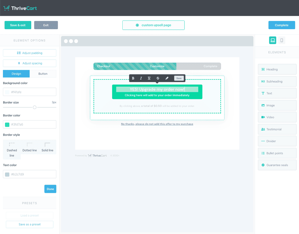 Característica del editor ThriveCart