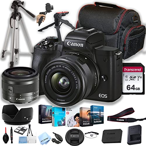 Cámara digital sin espejo Canon EOS M50 Mark II con lente de 15-45 mm + memoria de 64 GB + estuche + soporte de agarre firme + trípode + paquete de software + más (paquete de 30 piezas)