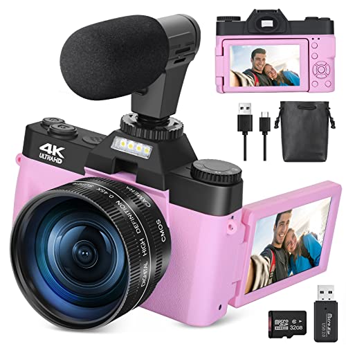 Monitech 写真用デジタルカメラ、YouTube 用 48MP&4K Vlogging カメラ、広角&マクロレンズ付きビデオカメラ、16X デジタルズーム、フリップスクリーン、外部マイク、32GB TF カード - ピンク