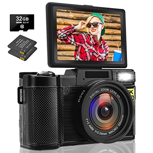 写真撮影用デジタルカメラ FHD 2.7K 30MP Vlogging カメラ YouTube 用、ポイントアンドシュートカメラ、3 インチ 180 度フリップスクリーン、32GB TF カード付きポータブル小型カメラ、ティーン、キッズ、シニア向け