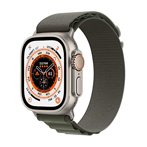 Apple Watch Ultra [GPS + Cellulaire 49 mm] Montre intelligente avec boîtier en titane robuste et boucle verte Alpine Medium. Tracker d'activité, GPS de précision, bouton d'action, durée de vie de la batterie extra longue, écran Retina plus lumineux