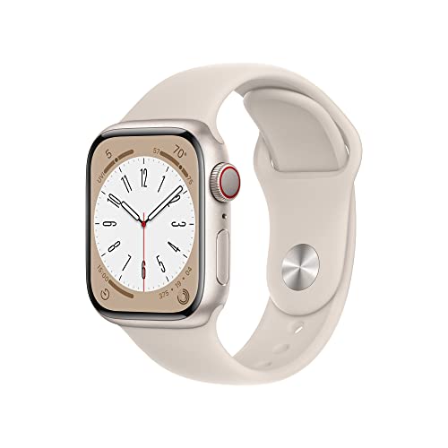 Apple Watch Series 8 [GPS + Cellulaire 41 mm] Montre intelligente avec boîtier en aluminium Starlight et bracelet sport Starlight - S/M. Fitness Tracker, applications d'oxygène sanguin et d'ECG, écran Retina toujours activé, résistant à l'eau